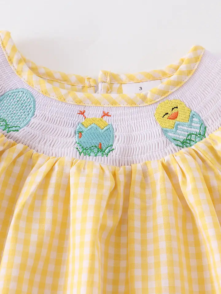 Yellow Plaid Chicken Smocked Dress