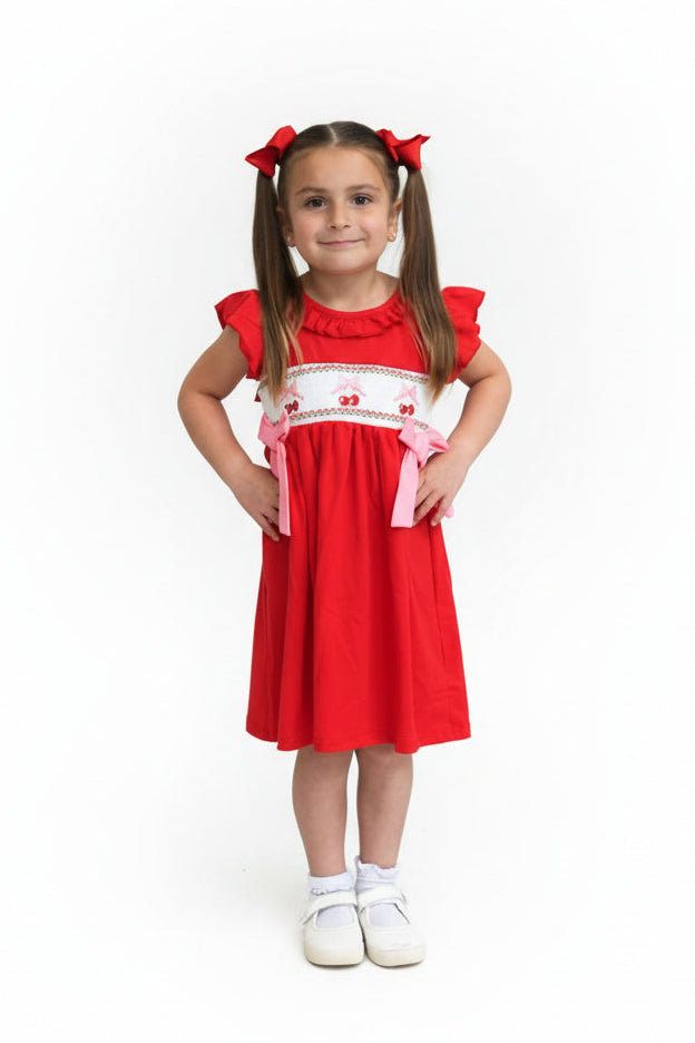 Red Cherry Bow Smocking Embroidery Girls' Dress