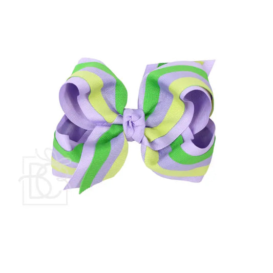 Layered Pastel Mardi Gras Stripe Bow On Alligator Clip 5.5" by Beyond Creations