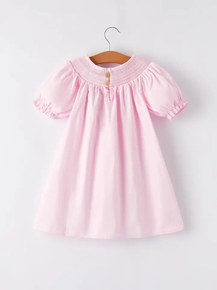 Bow Smocking Embroidered Pastel Pink Dress
