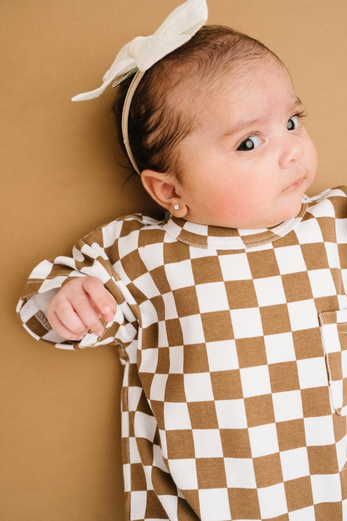 Brown Checkered Pocket Romper