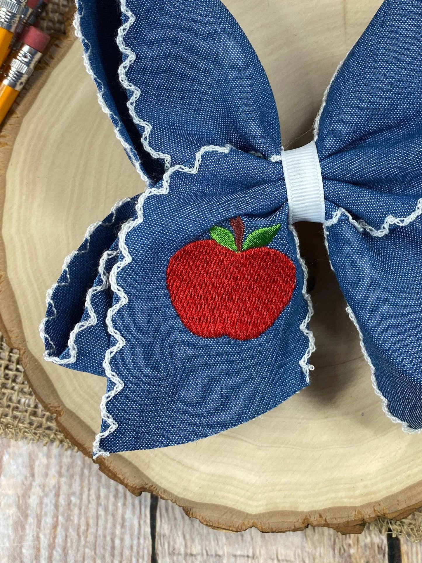 Denim Apple Embroidered Moonstitch Hair Bow | Clip or Headband