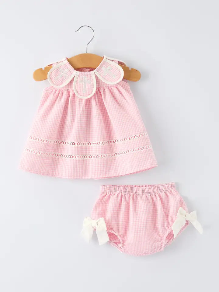 Pink Smocked Cross Girl Diaper Set