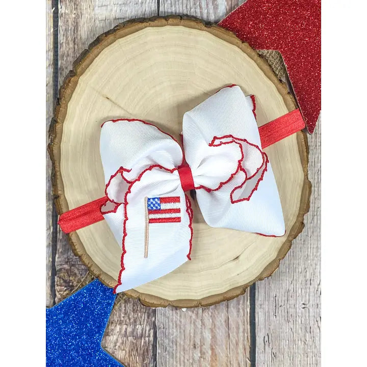 American Flag Embroidered Moonstitch Hair Bow | Clip or Headband