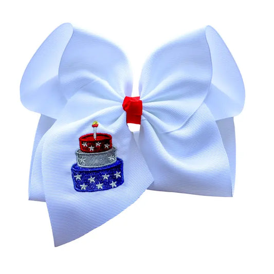 Patriotic Birthday Cake Embroidered Bow