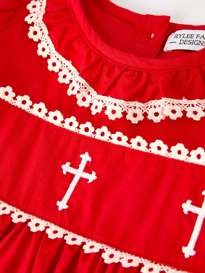Red Cross Embroidery Dress with Lace Trim