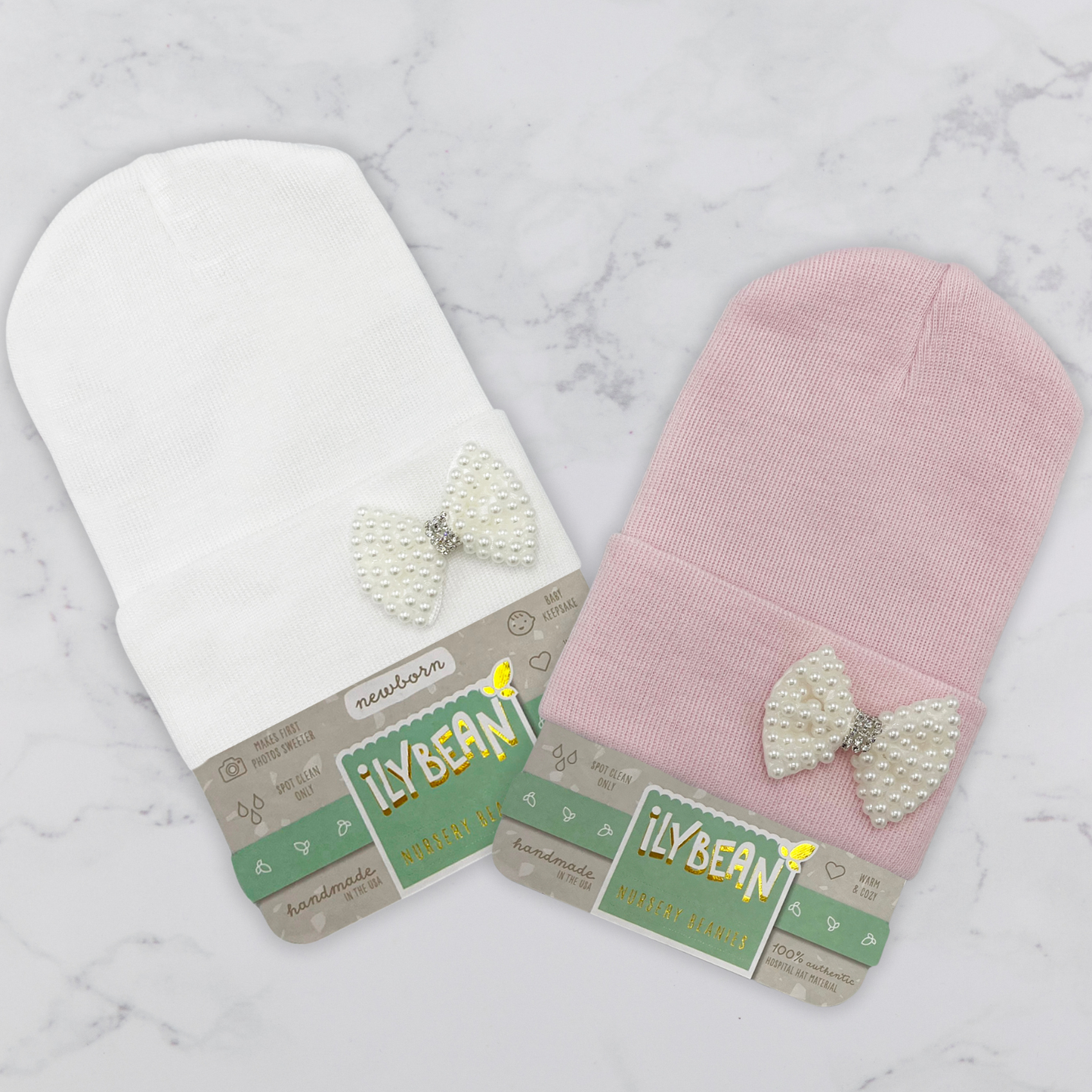 Ilybean White or Pink Hat MINI Pearl Bow Newborn Girl Hat