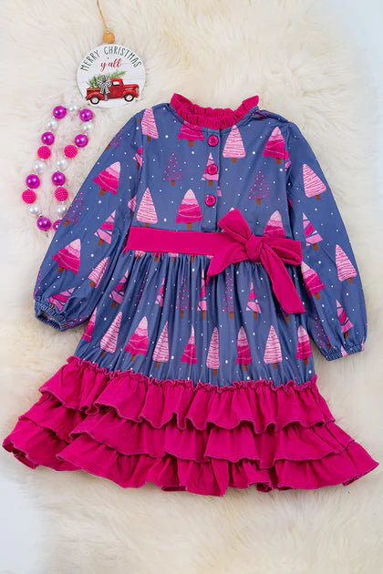 Pink Christmas tree printed bubble sleeve dress