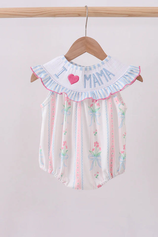 Blue floral I love MAMA smocked ruffle bubble