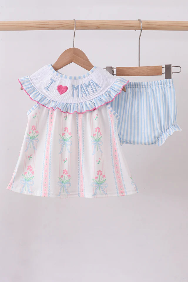 Blue floral I love MAMA smocked ruffle bloomer set