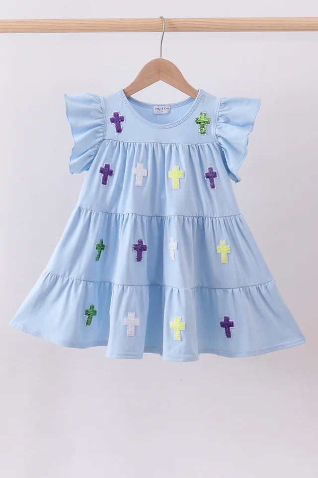 Blue cross sequin tiered dress