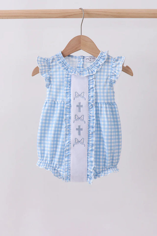 Blue cross bow embroidery ruffle gingham bubble