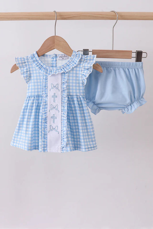 Blue cross bow embroidery ruffle gingham bloomer set