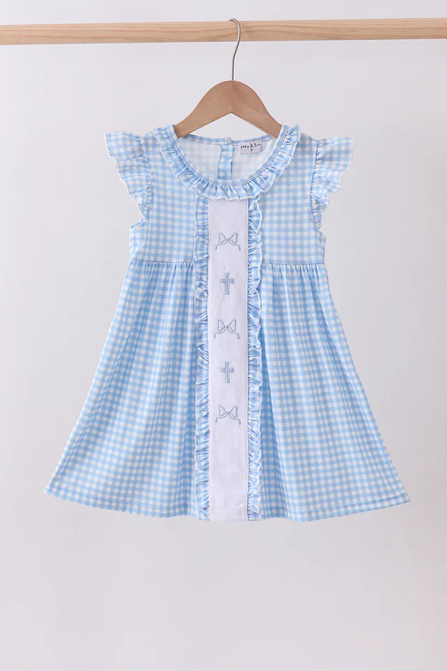 Blue cross bow embroidery ruffle gingham dress