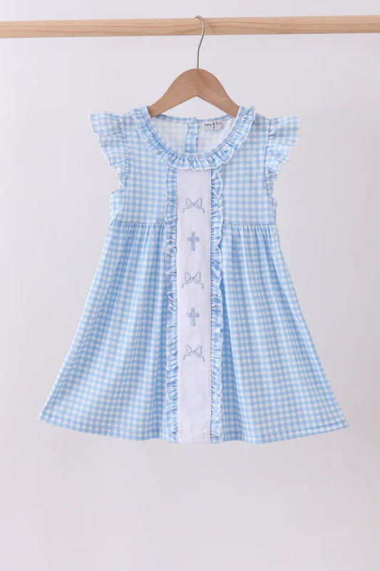 Blue cross bow embroidery ruffle gingham dress