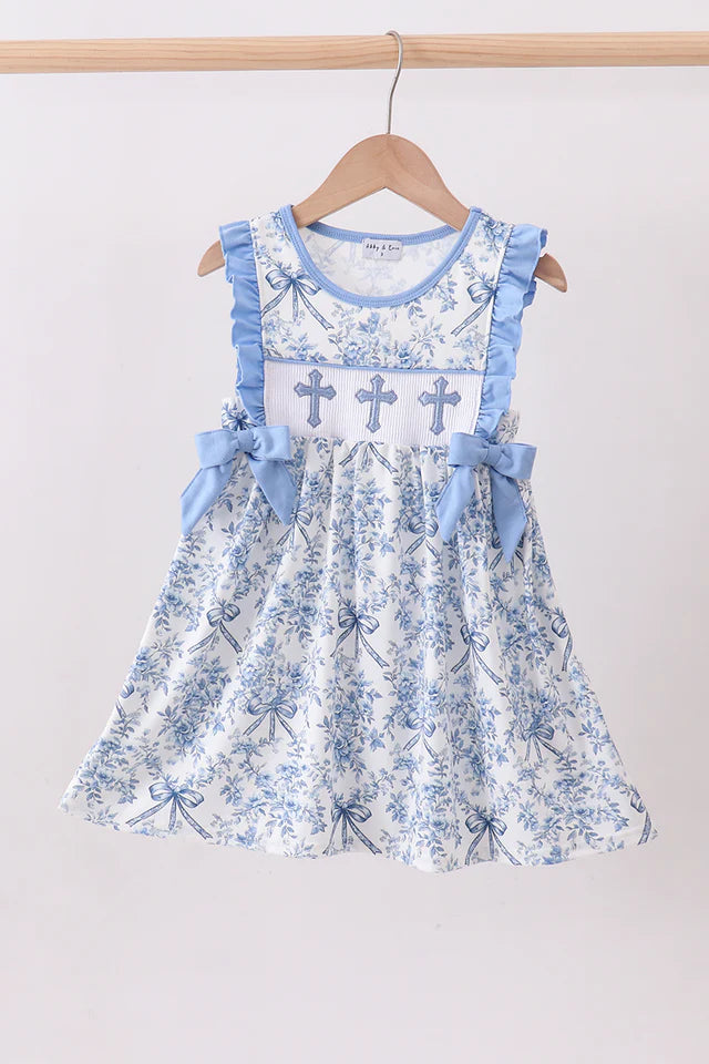 Blue floral cross smocked ruffle dress