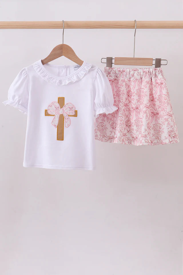 Pink Bowknot Applique Skorts Set