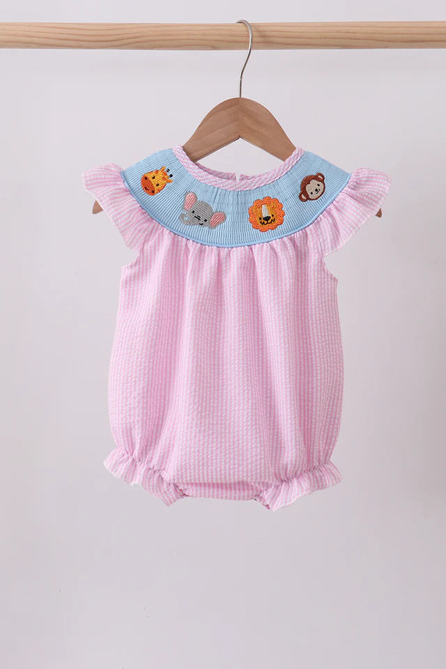 Pink Seersucker Zoo Animal Romper