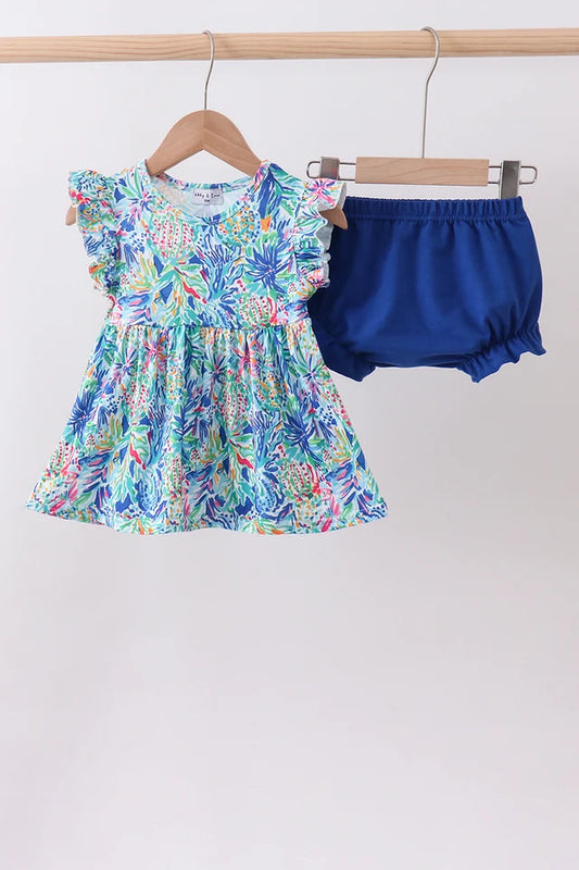 PRESALE- Blue floral print ruffle bloomer set - ETA 8/20/26