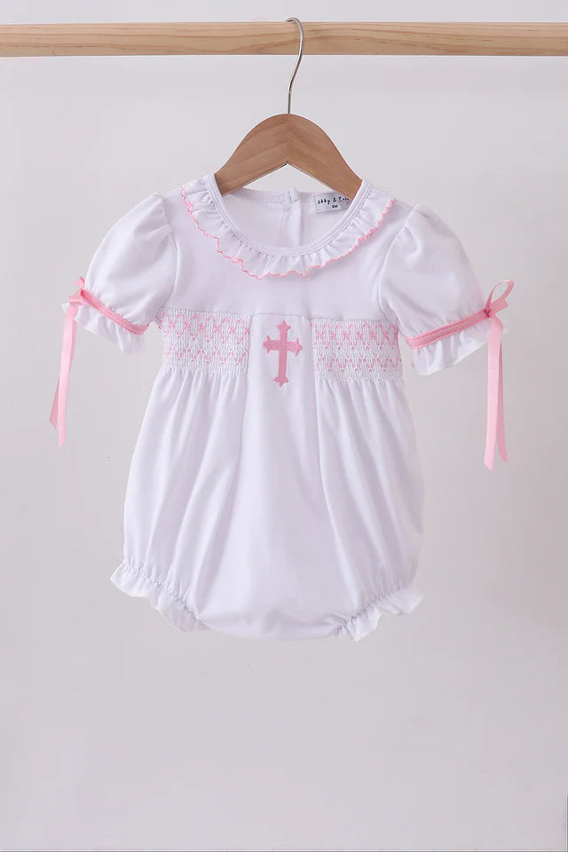 White Cross Smocked Ruffle Bubble