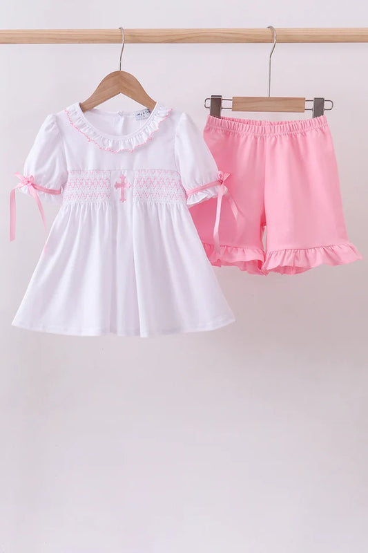 PRESALE - White cross smocked ruffle shorts set - ETA 8/20/26