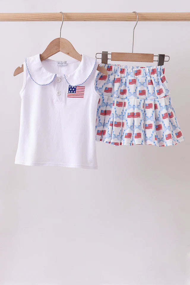 Blue flag embroidery skort set