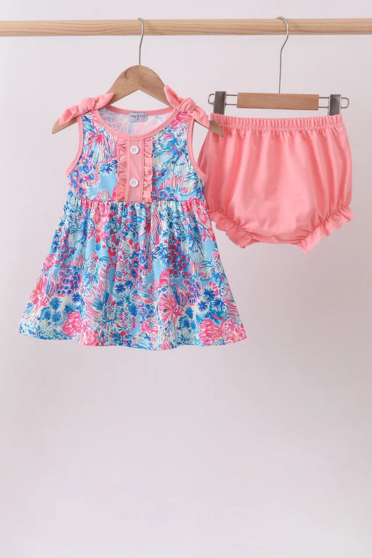 Presale - Pink tropical floral print ruffle bow bloomer set - ETA 8/20/26