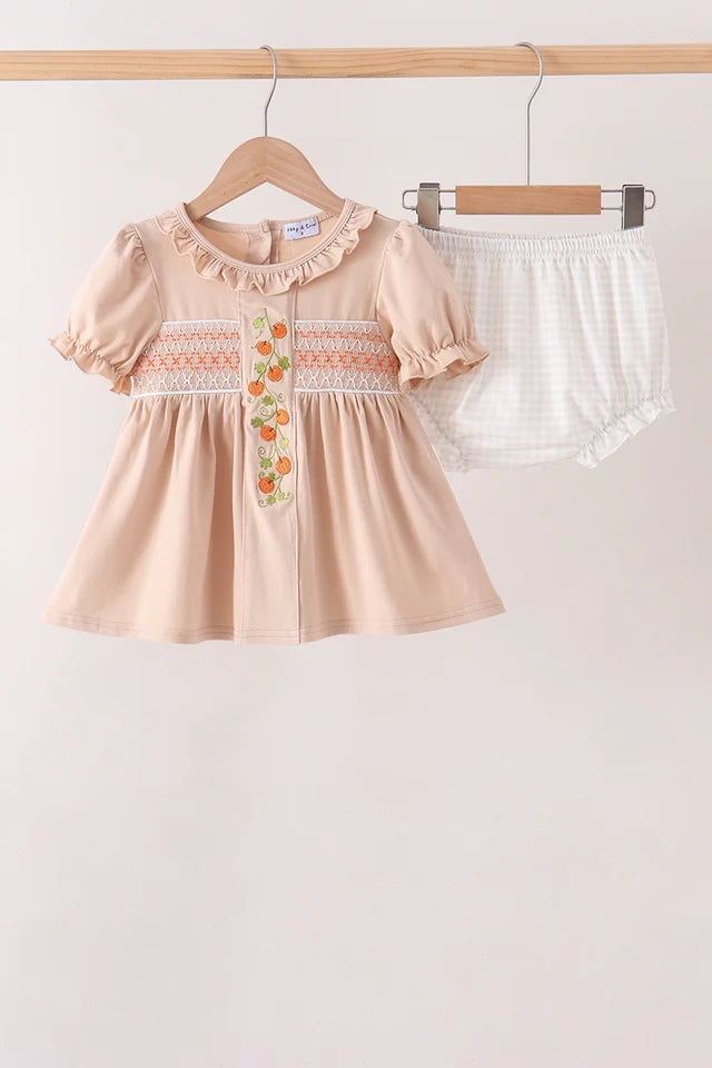 Khaki Pumpkin Smocked Bloomer Set (ETA: 10/21/26)