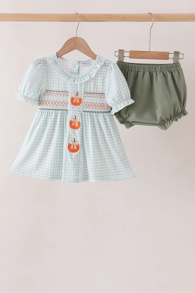 Sage pumpkin smocked gingham bloomer set (ETA: 10/21/26)