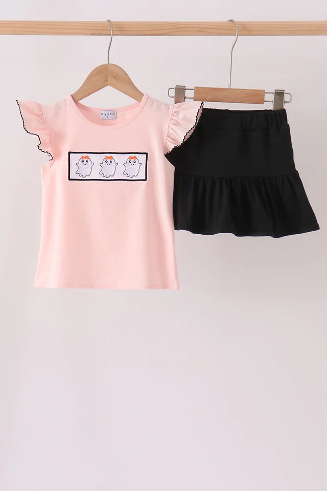 Pink Ghost Embroidery Ruffle Skorts Set