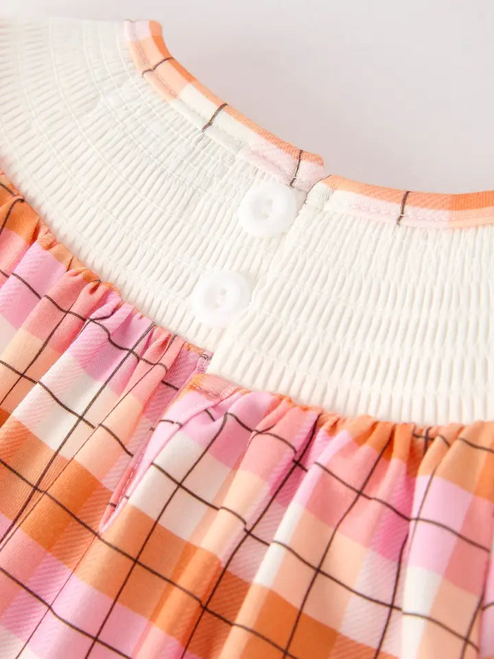Halloween Pumpkin Bow Ghost Embroidered Plaid Girls Dress (ETA: Mid July)