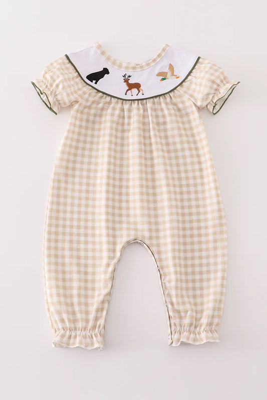 Gingham hunting embroidery girl romper