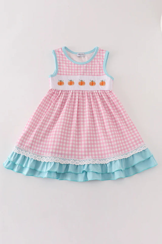 Pumpkin Plaid Lace Ruffle Dress