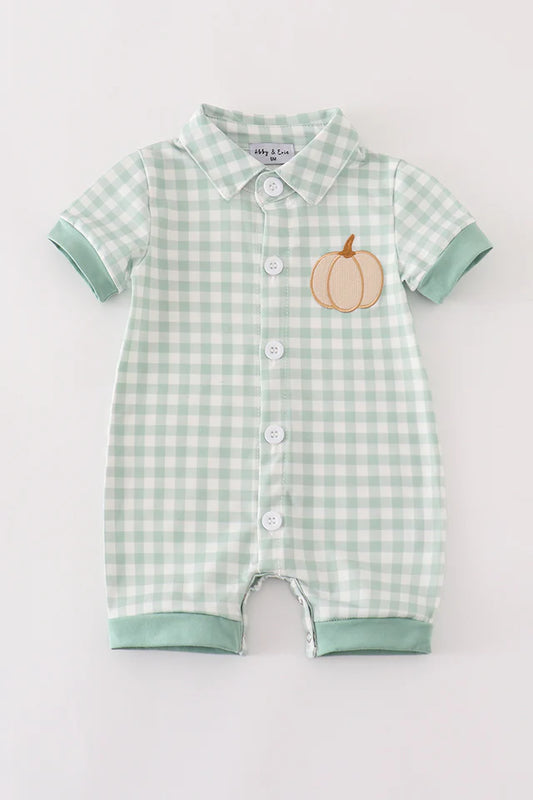 Green gingham pumpkin embroider Romper