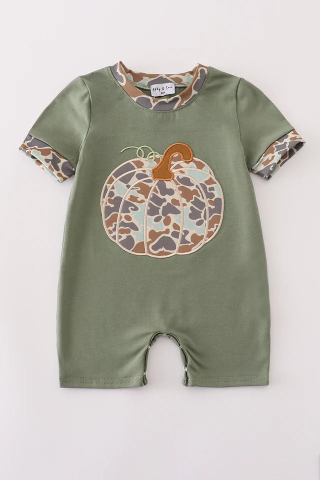 Camouflage print pumpkin applique romper