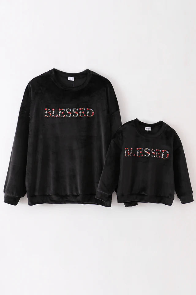 Mom & Me Black Blessed Embroidery Top