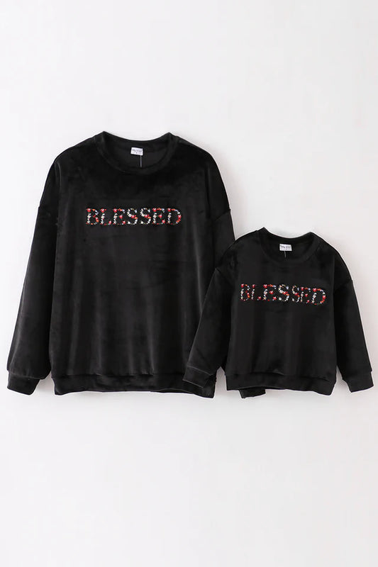 Mom & Me Black Blessed Embroidery Top