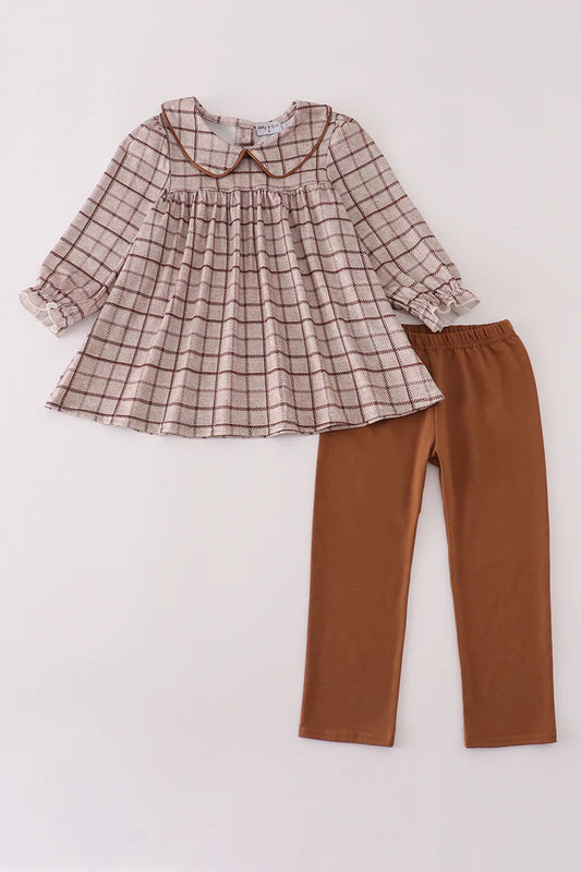 Brown Plaid Fall Pant Set