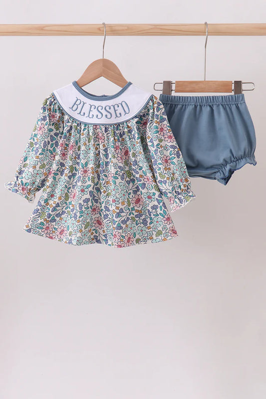 Blue Floral Blessed Embroidery Bloomer Set