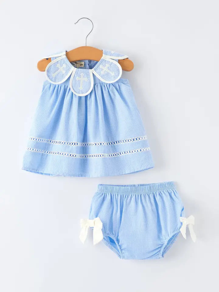 Blue Smocked Cross Girl Diaper Set