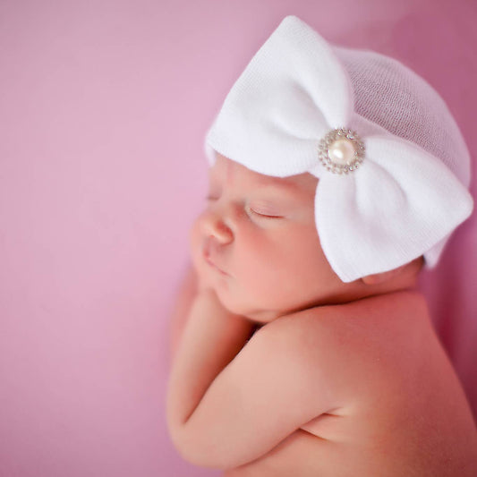 White OR Pink Newborn Girl Bow Pearl Center Hospital Hat
