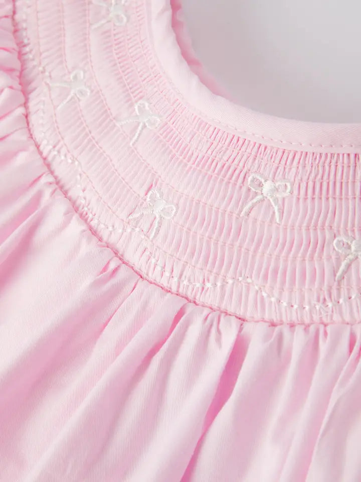 Bow Smocking Embroidered Pastel Pink Dress