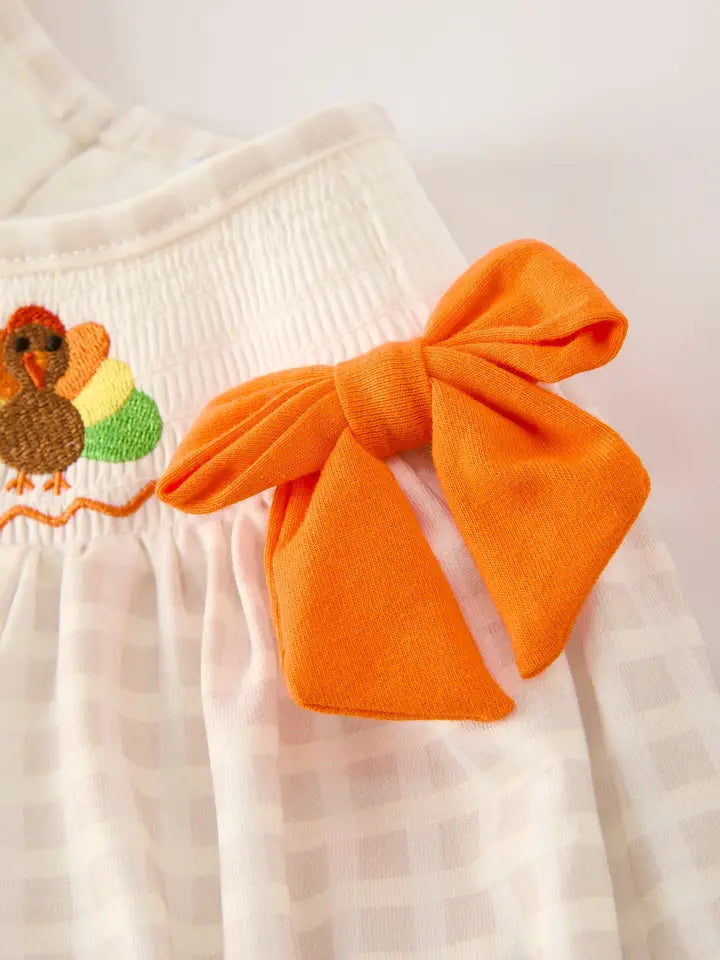 Fall Thanksgiving Apricot Plaid Turkey Embroidery Dress (ETA: Mid-July)