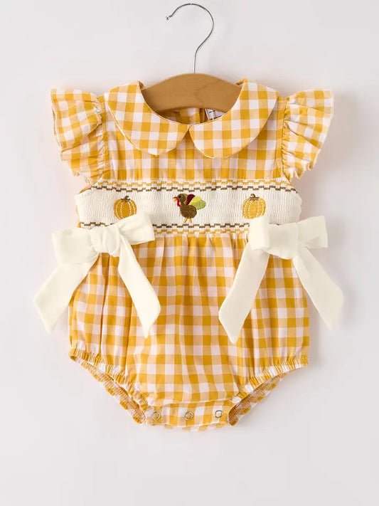 Thanksgiving Yellow Plaid Turkey Pumpkin Embroidery Romper