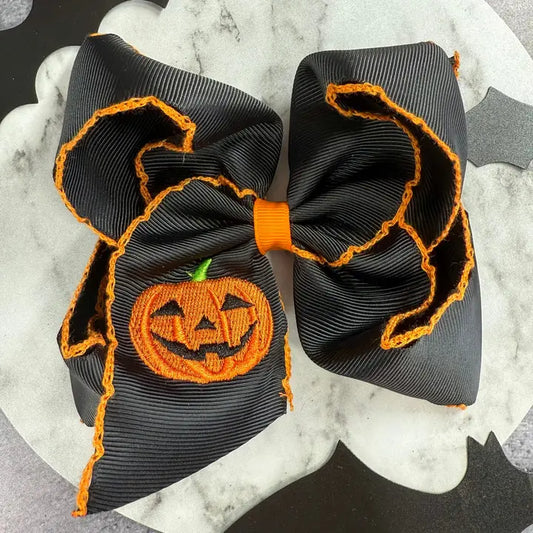 Jack-O-Latern Embroidered Moonstitch Bow