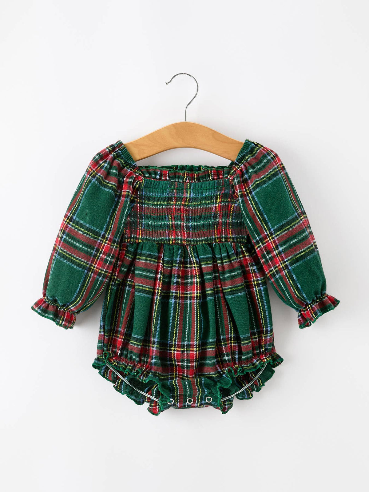 Christmas Plaid Smocked Baby Girl Bubble Romper Ruffle Detail
