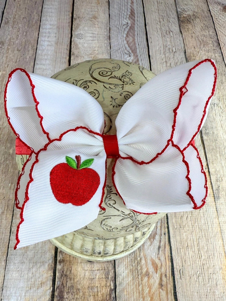 White Apple Embroidered Moonstitch Hair Bow  | Clip or Headband