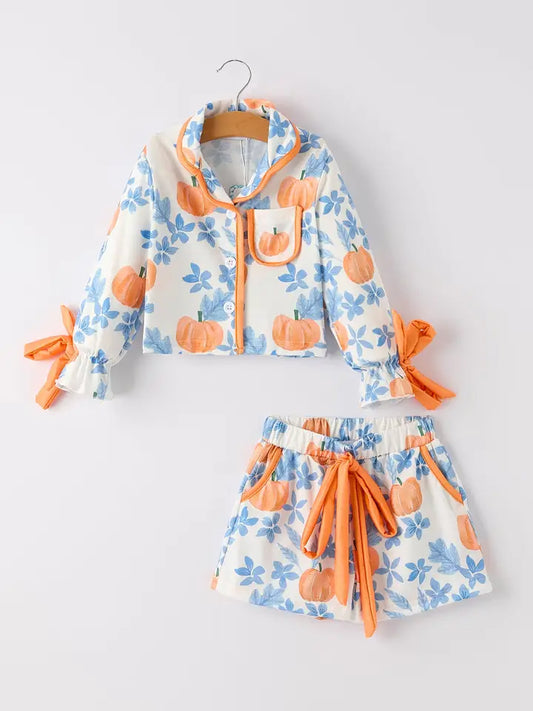 Pumpkin Floral Print Girls Pajamas Set
