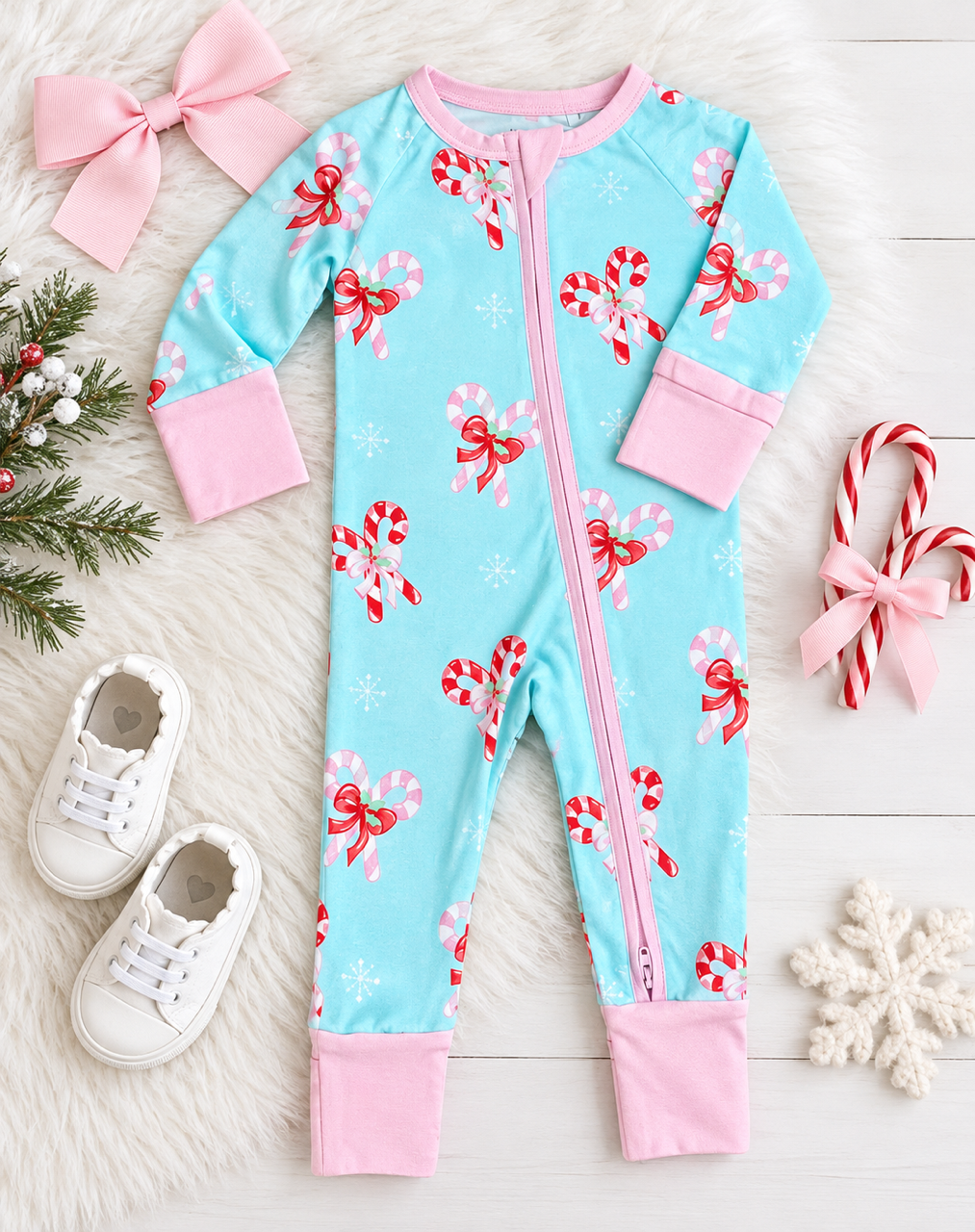 Candy Cane Bows Zipper Onesie (Bamboo)