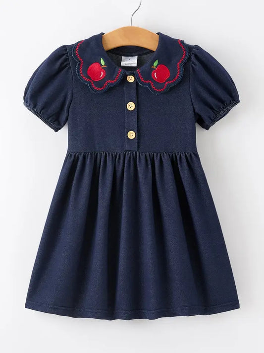 Apple Applique Girls Dress Petals Collar Dress